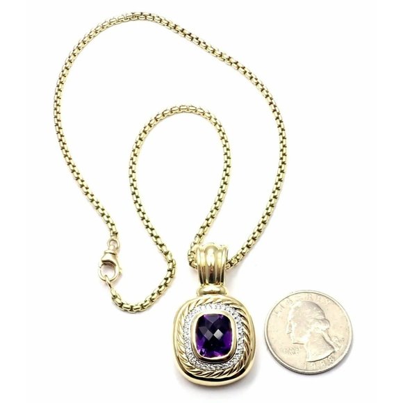 David Yurman Cable 18k Yellow Gold Amethyst Diamond Large Pendant Chain Necklace - Picture 5 of 9
